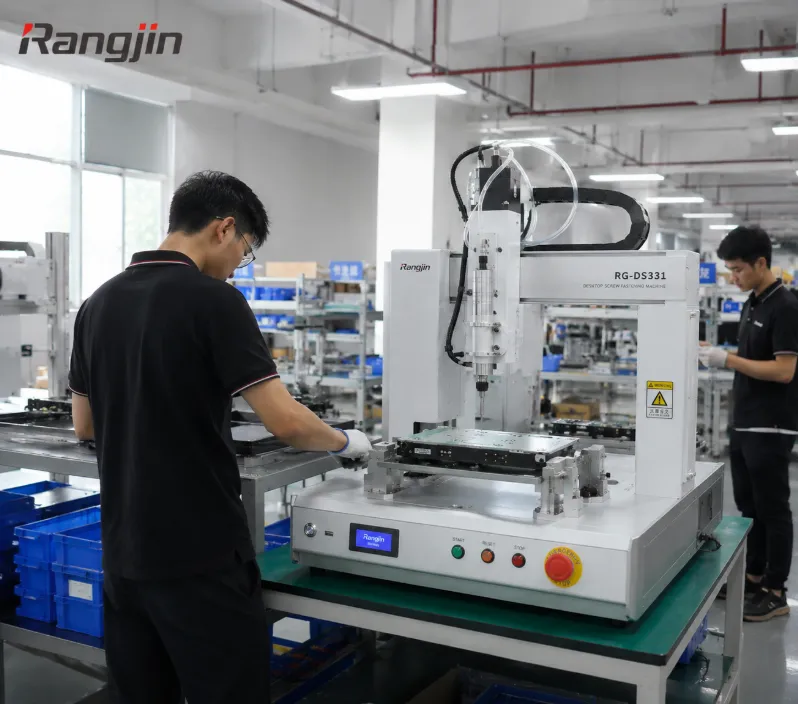 Two workers are busy in the workshop of Rangjin automatic screw driving machine manufacturer.